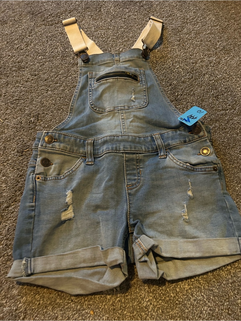 Justice Light Blue Denim Short Overalls with Cream Straps